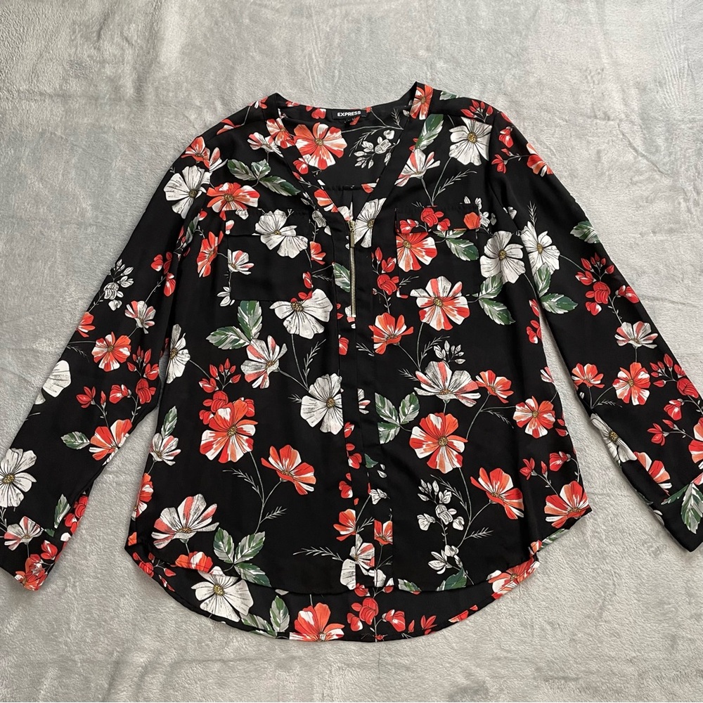 Express Blouse Large Womens 1/4 Zip Semi-sheer Floral Black Career Office‎